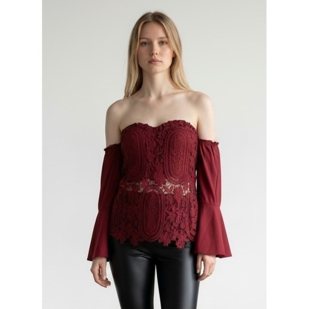 ITOO‎ Womens Burgundy Floral Crochet Lace Off Shoulder Bell Sleeve Top Large